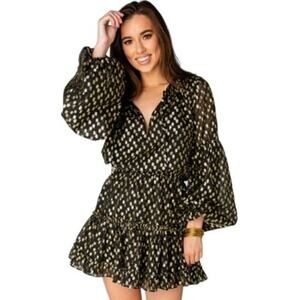 BUDDY LOVE ZoZo Black Gold Metallic Dots Ruffle Semi Sheer Mini Dress - Sz Large